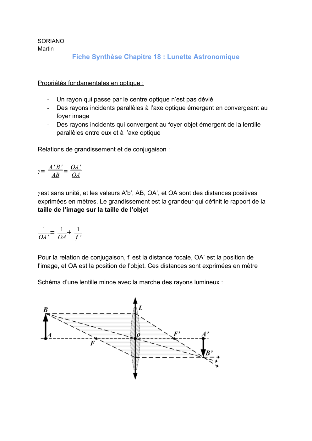 Prévisualisation du document Fiche Synthèse Chapitre 18 : " Formation d'image" - Lunette Astronomique