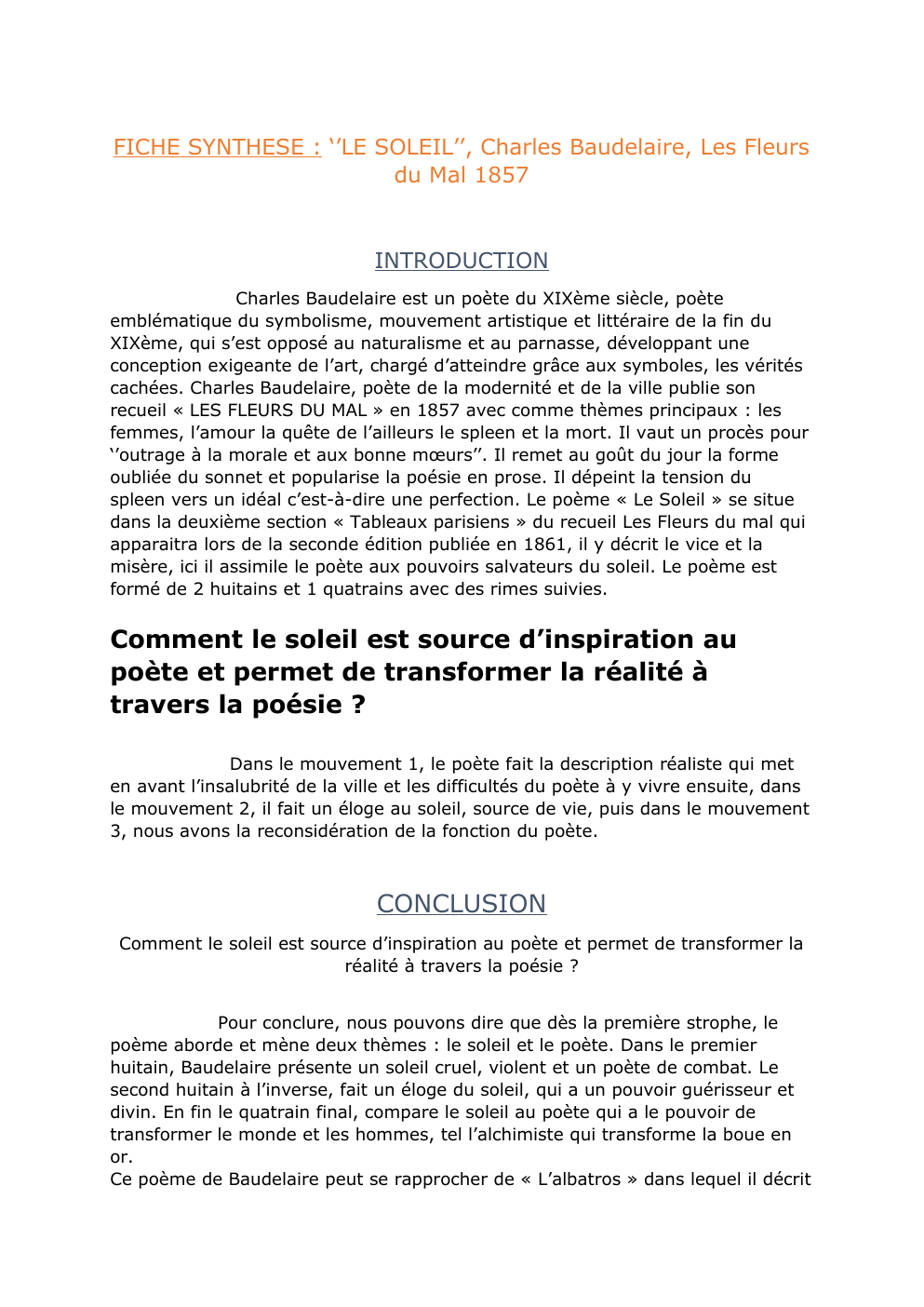 Prévisualisation du document FICHE SYNTHESE : ‘’LE SOLEIL’’, Charles Baudelaire, Les Fleurs du Mal 1857