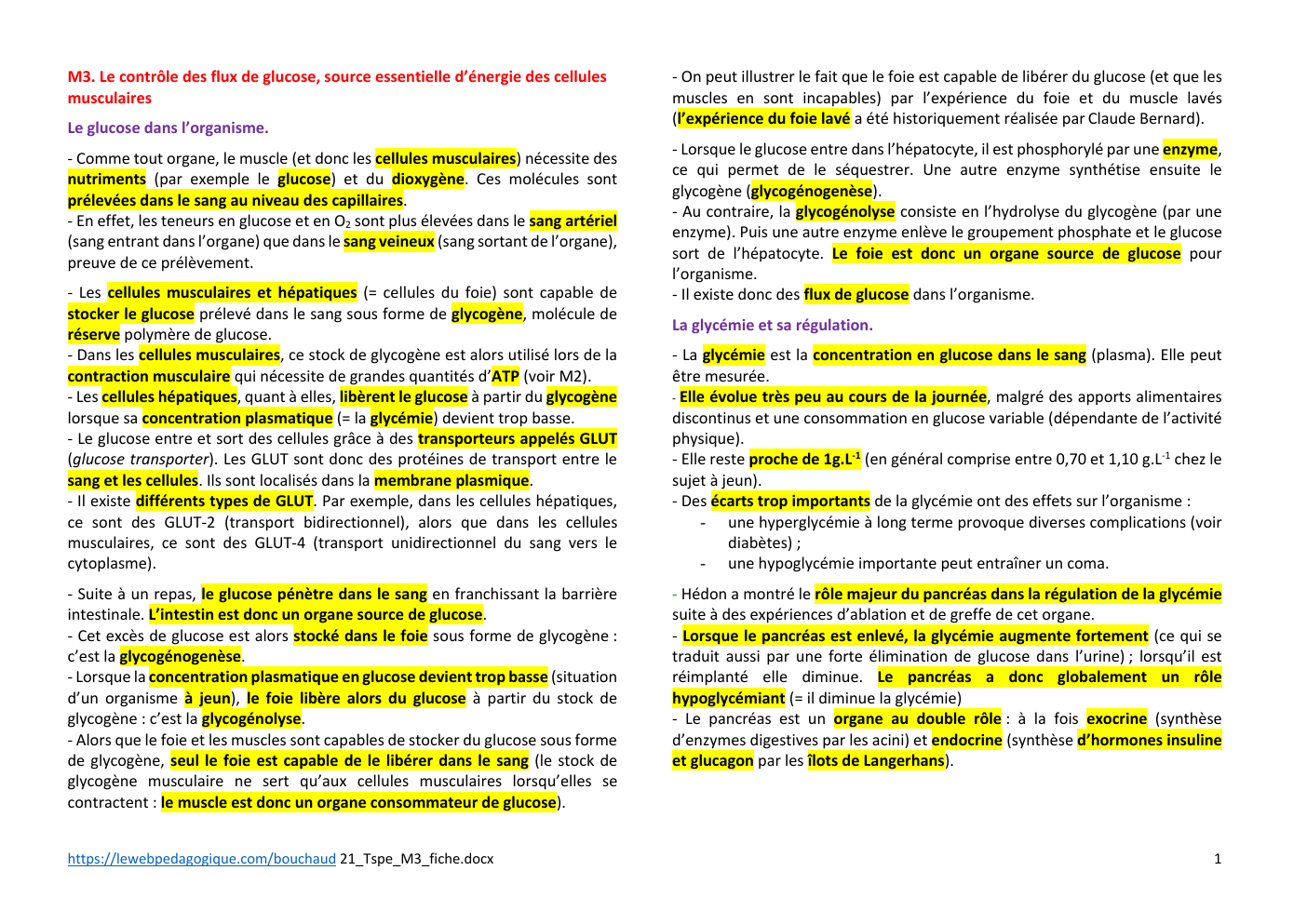 Prévisualisation du document Fiche terminale spe M3. Le contrôle des flux de glucose, source essentielle d’énergie des cellules musculaires Le glucose dans l’organisme.