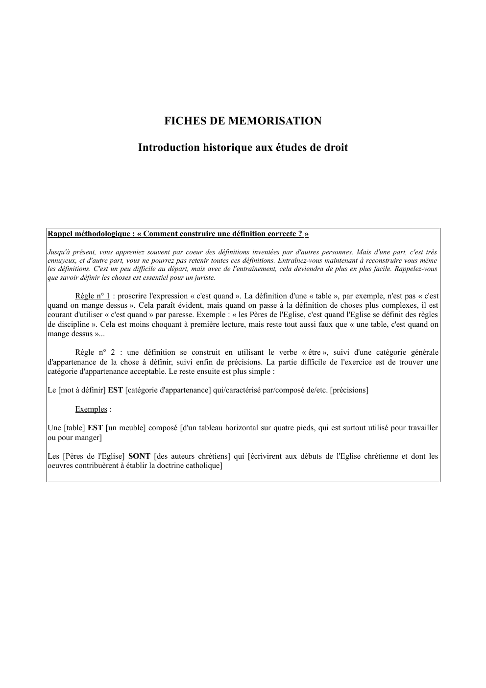 Prévisualisation du document FICHES DE MEMORISATION Introduction historique aux études de droit