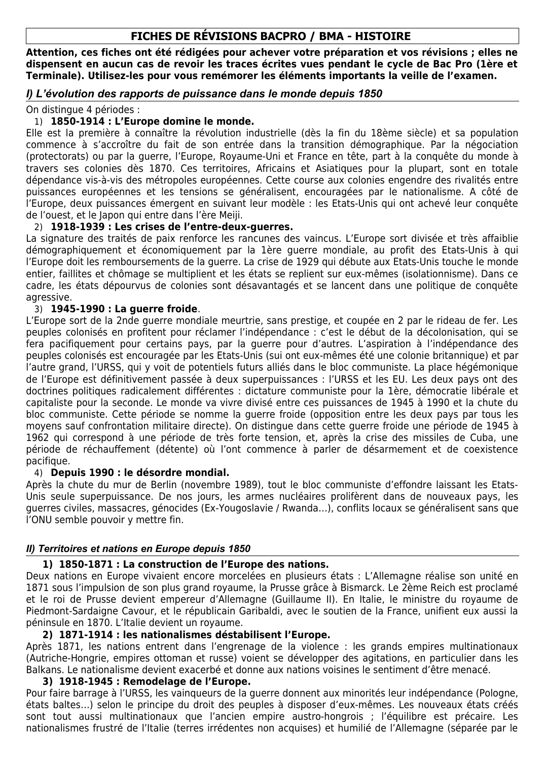 Prévisualisation du document FICHES DE RÉVISIONS BACPRO / BMA - HISTOIRE