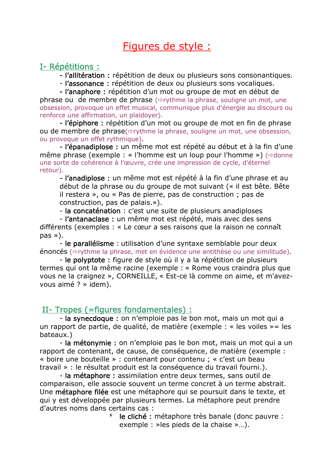 Prévisualisation du document Figures de style :I- Répétitions :phrasel'allitération : répétition de deux ou plusieurs sons consonantiques.