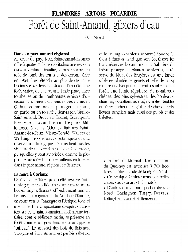 Prévisualisation du document FLANDRES - ARTOIS - PICARDIEForêt de Saint-Amand, gibiers d'eau.