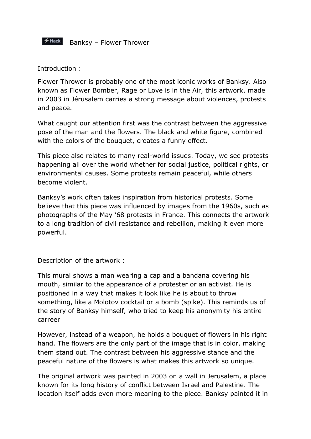 Prévisualisation du document Flower Thrower Bansky Anglais