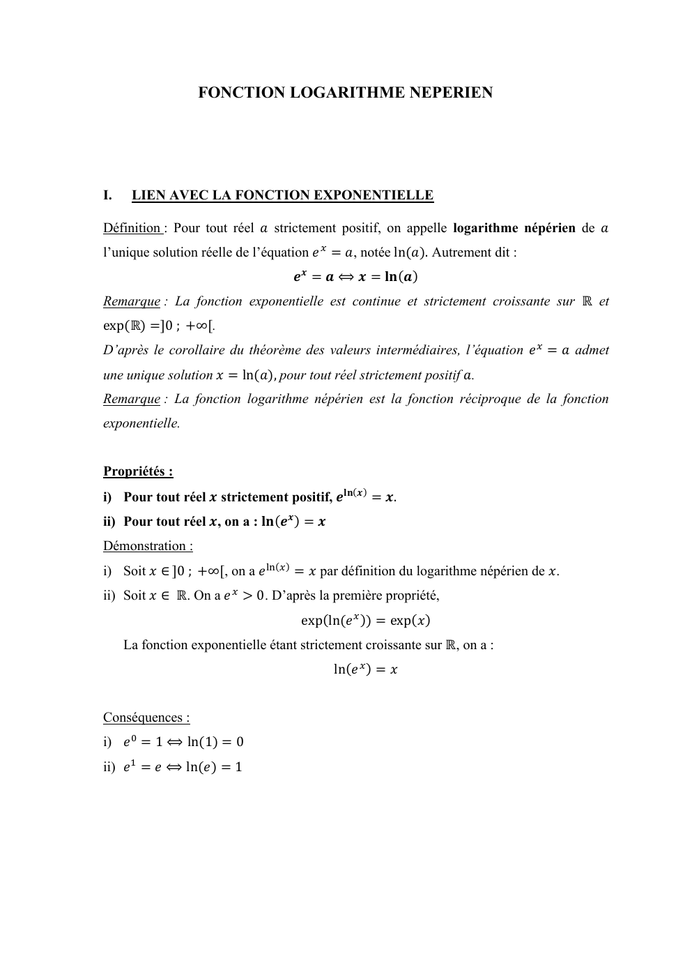 Prévisualisation du document FONCTION LOGARITHME NEPERIEN