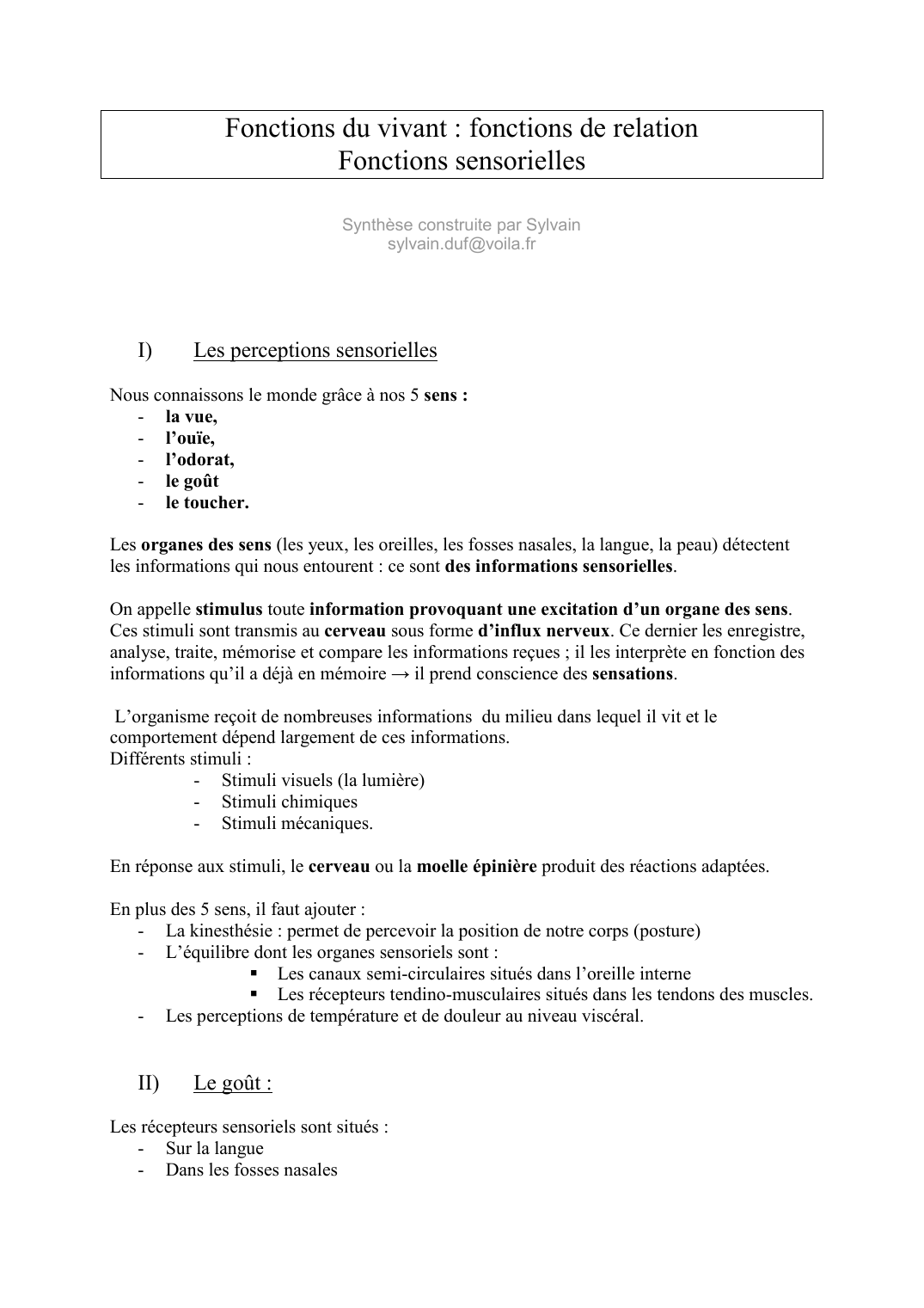 Prévisualisation du document Fonctions du vivant : fonctions de relationFonctions sensoriellesSynthèse construite par Sylvainsylvain.