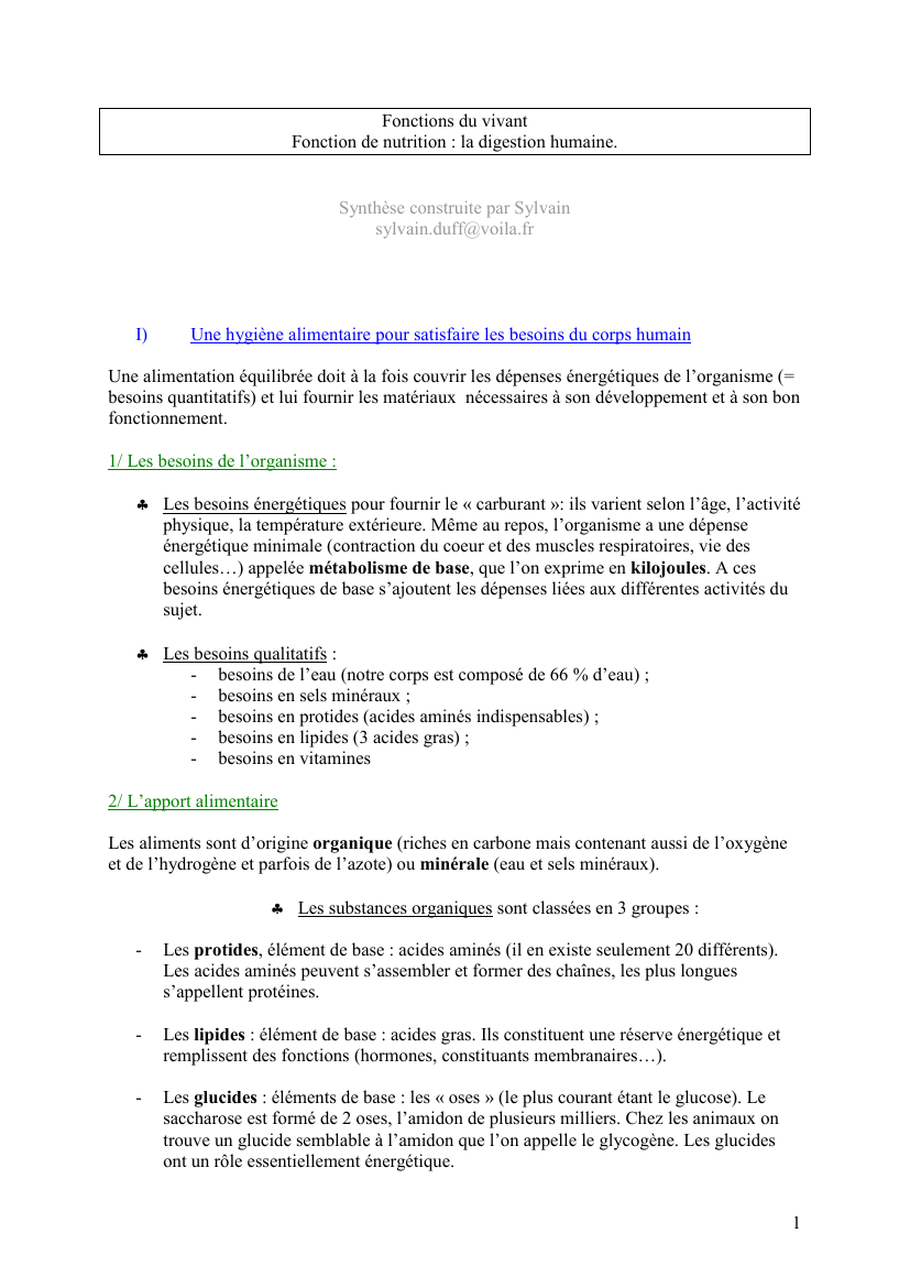 Prévisualisation du document Fonctions du vivantFonction de nutrition : la digestion humaine.