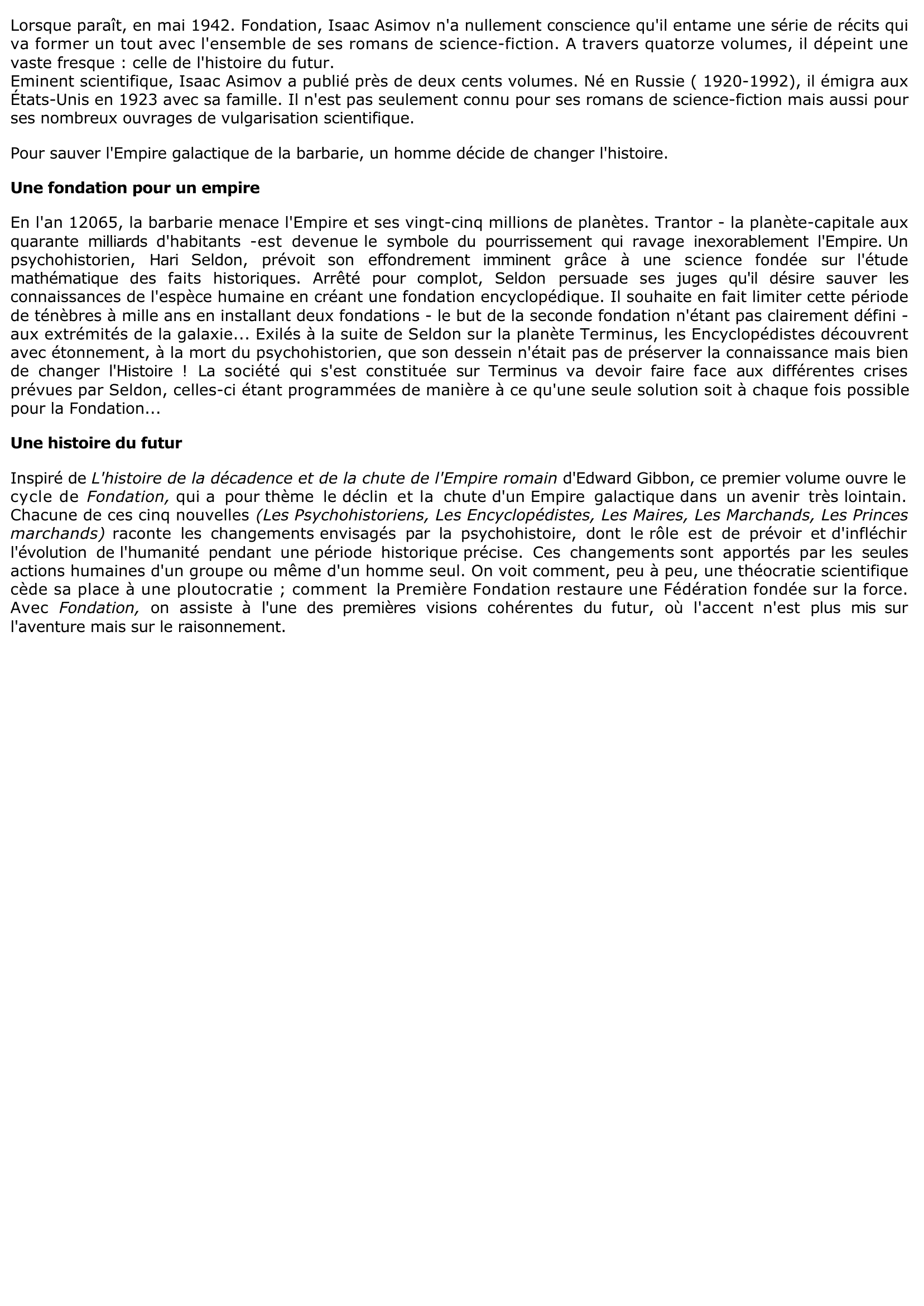 Prévisualisation du document Fondation de Isaac ASIMOV (Résumé & Analyse)