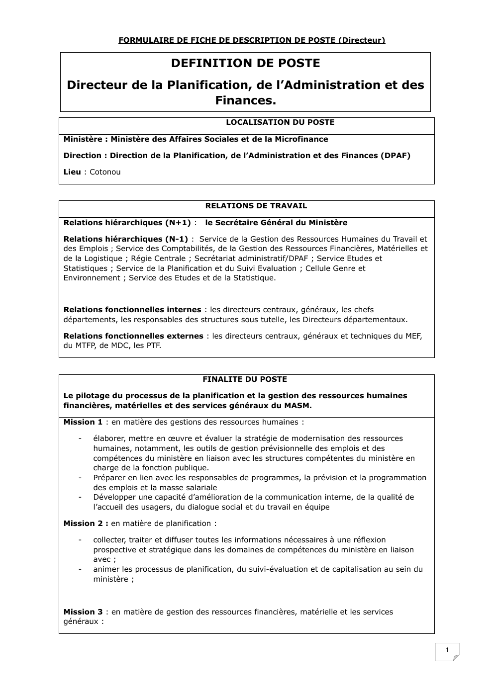 Prévisualisation du document FORMULAIRE DE FICHE DE DESCRIPTION DE POSTE (Directeur)