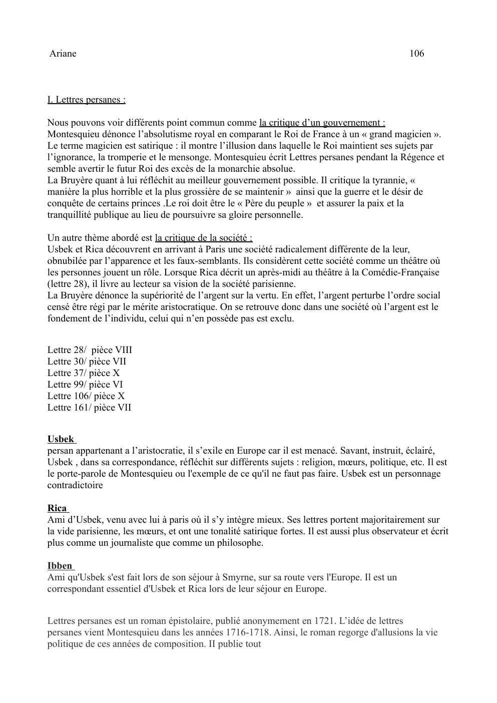 Prévisualisation du document Français bac les lettre persanes / les caractères (comparaison)