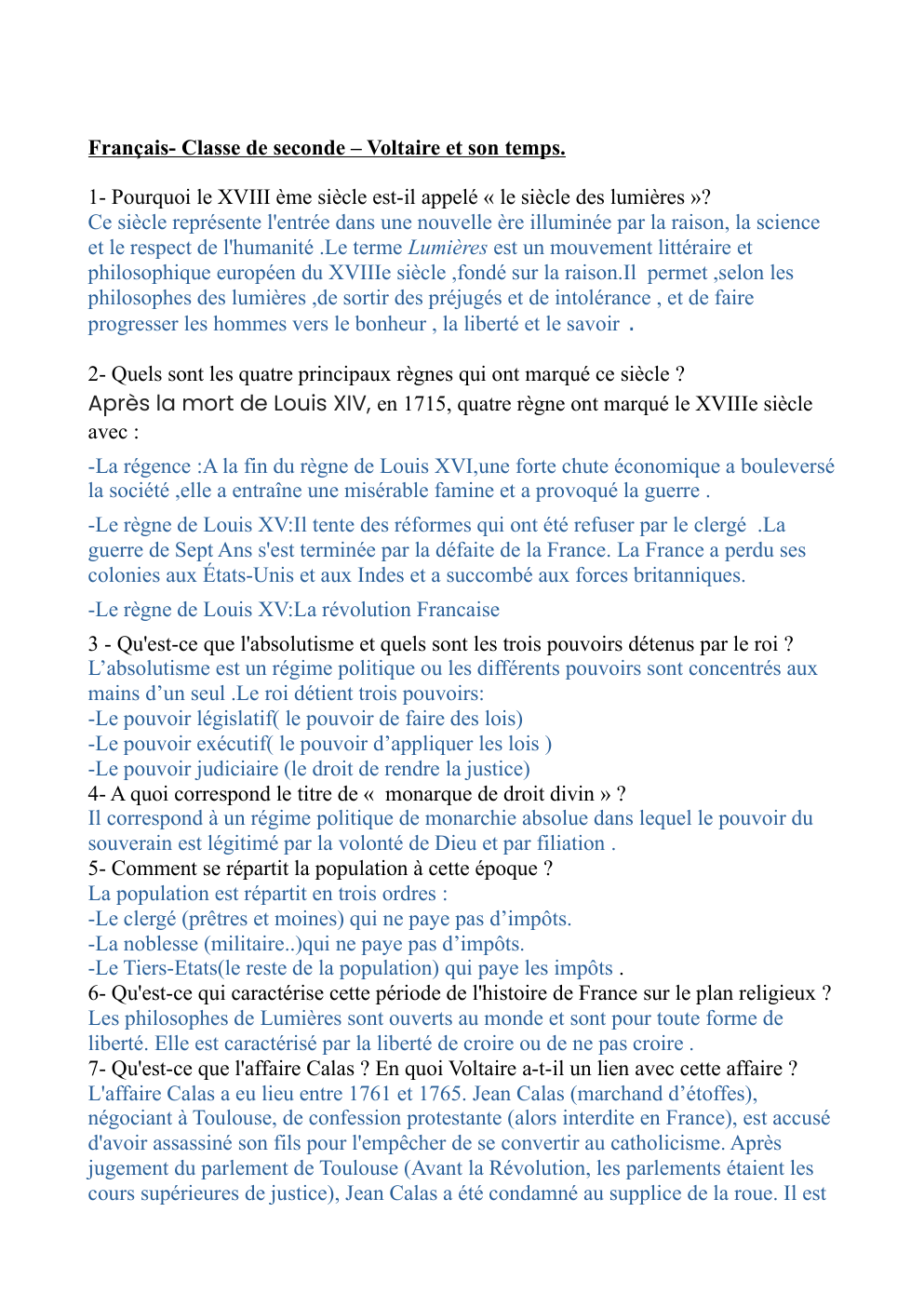 Prévisualisation du document Français- Classe de seconde – Voltaire et son temps