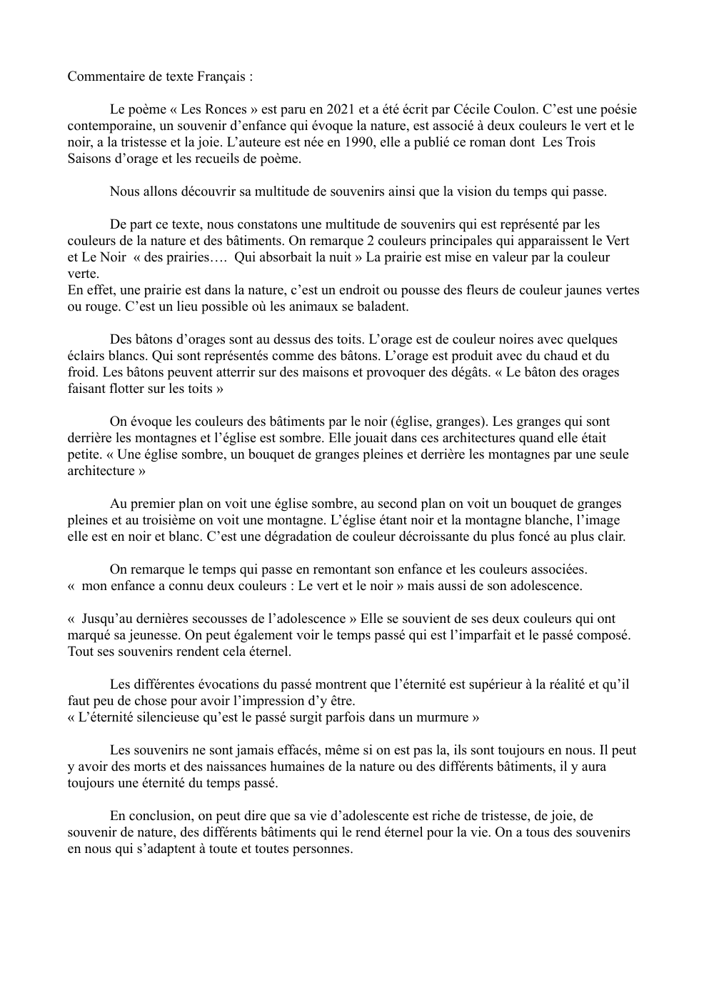 Prévisualisation du document français commentaire:  « Les Ronces » de Cécile Coulon