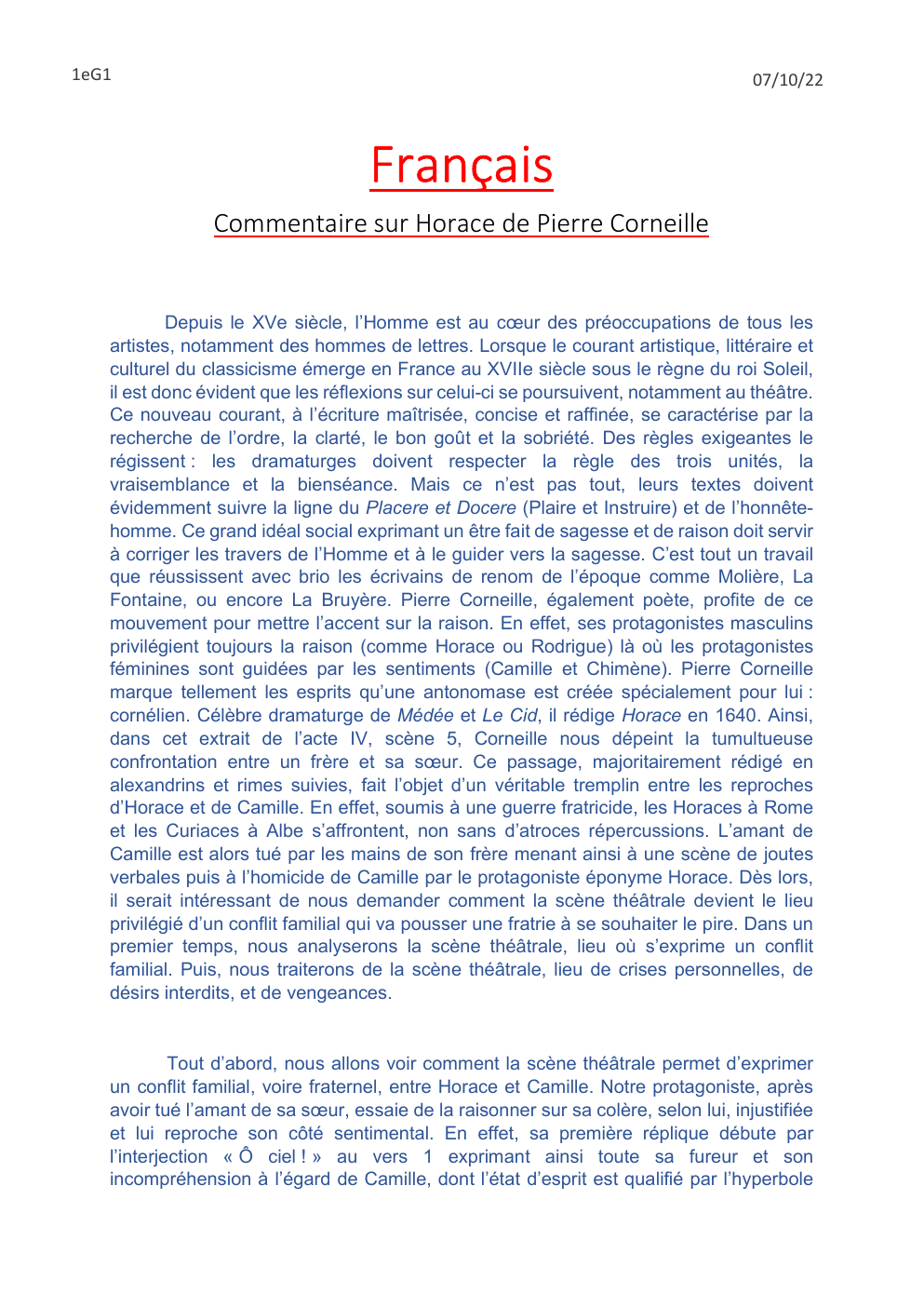 Prévisualisation du document Français Commentaire sur Horace de Pierre Corneille