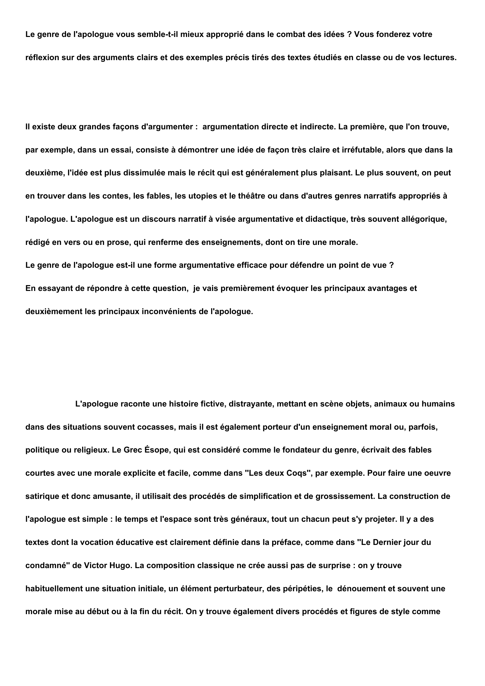 Prévisualisation du document Français. Dissertation : Les Avantages et les inconvénients de l'appologue.