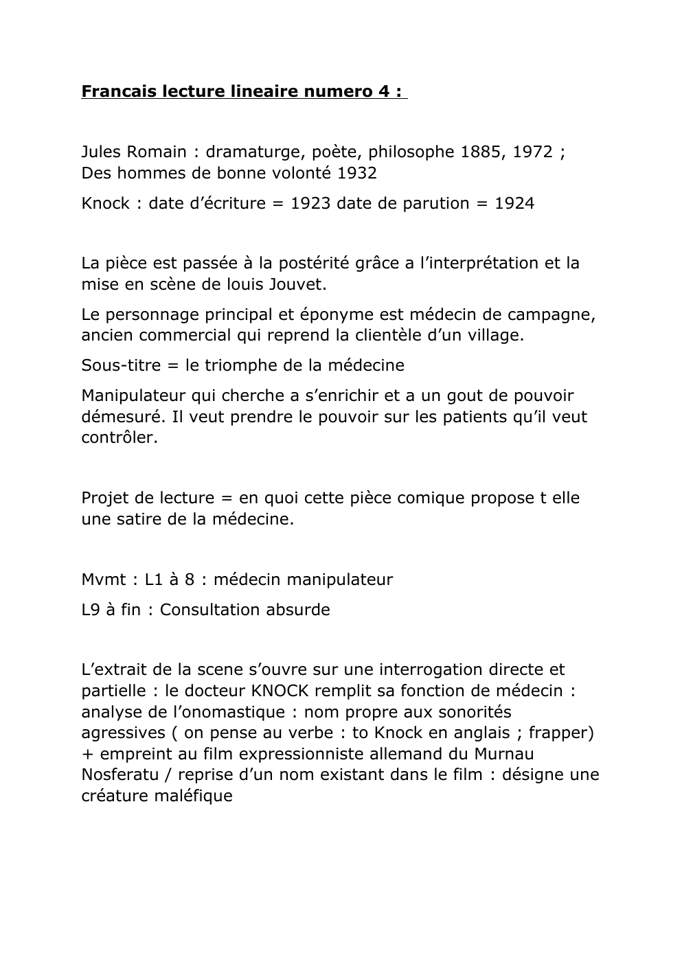 Prévisualisation du document Français lecture linéaire Jules Romain Knock