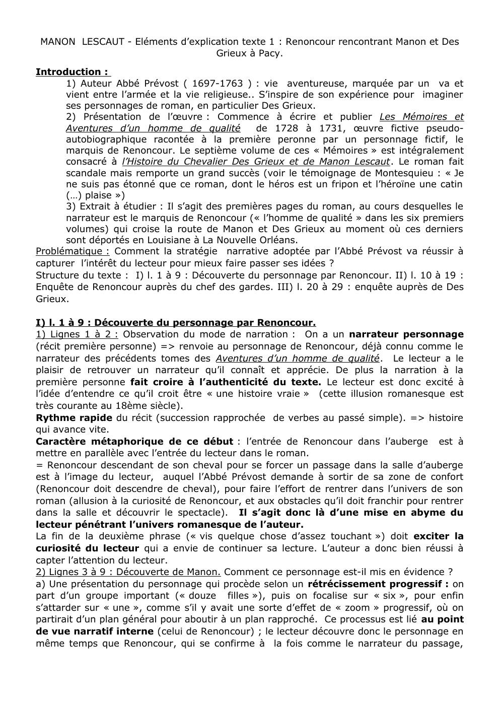 Prévisualisation du document français Mannon Lescaut MANON LESCAUT - Eléments d’explication texte 1 : Renoncour rencontrant Manon et Des Grieux à Pacy.