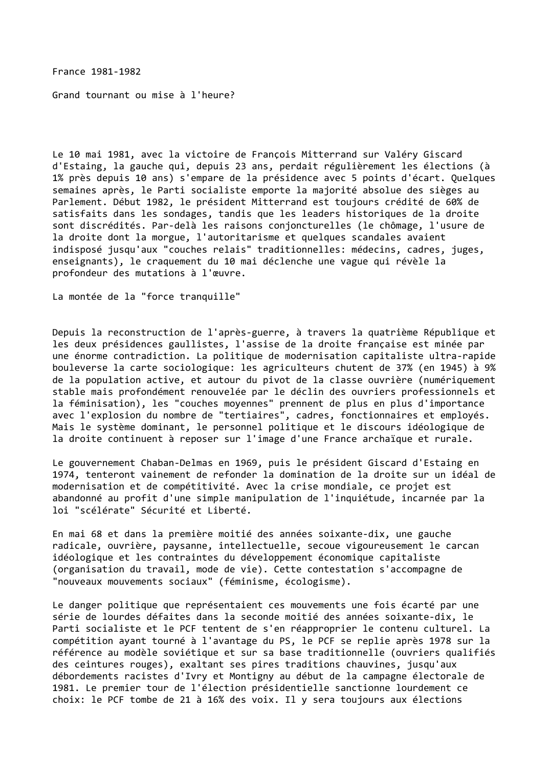 Prévisualisation du document France (1981-1982): Grand tournant ou mise à l'heure?