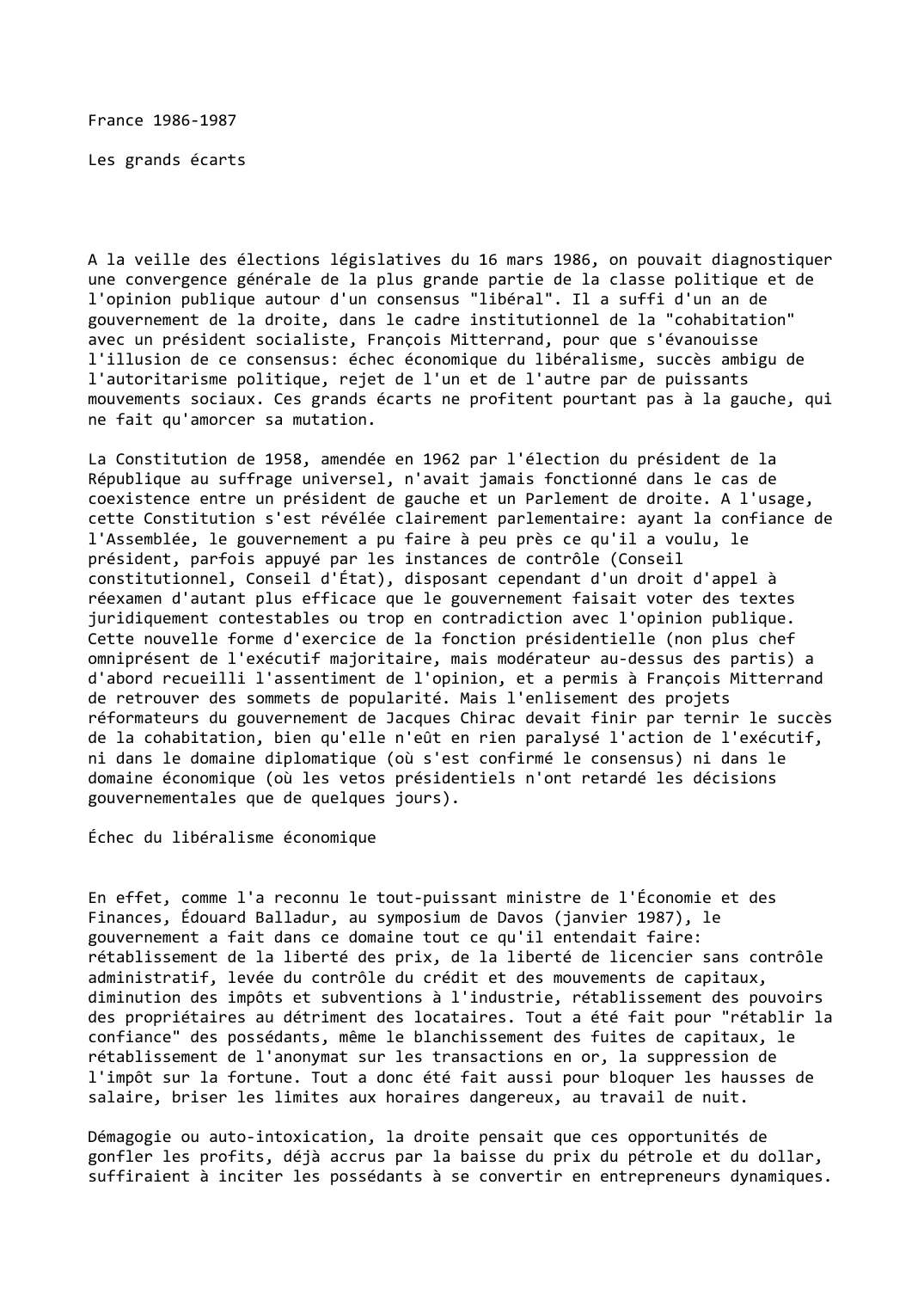 Prévisualisation du document France (1986-1987): Les grands écarts