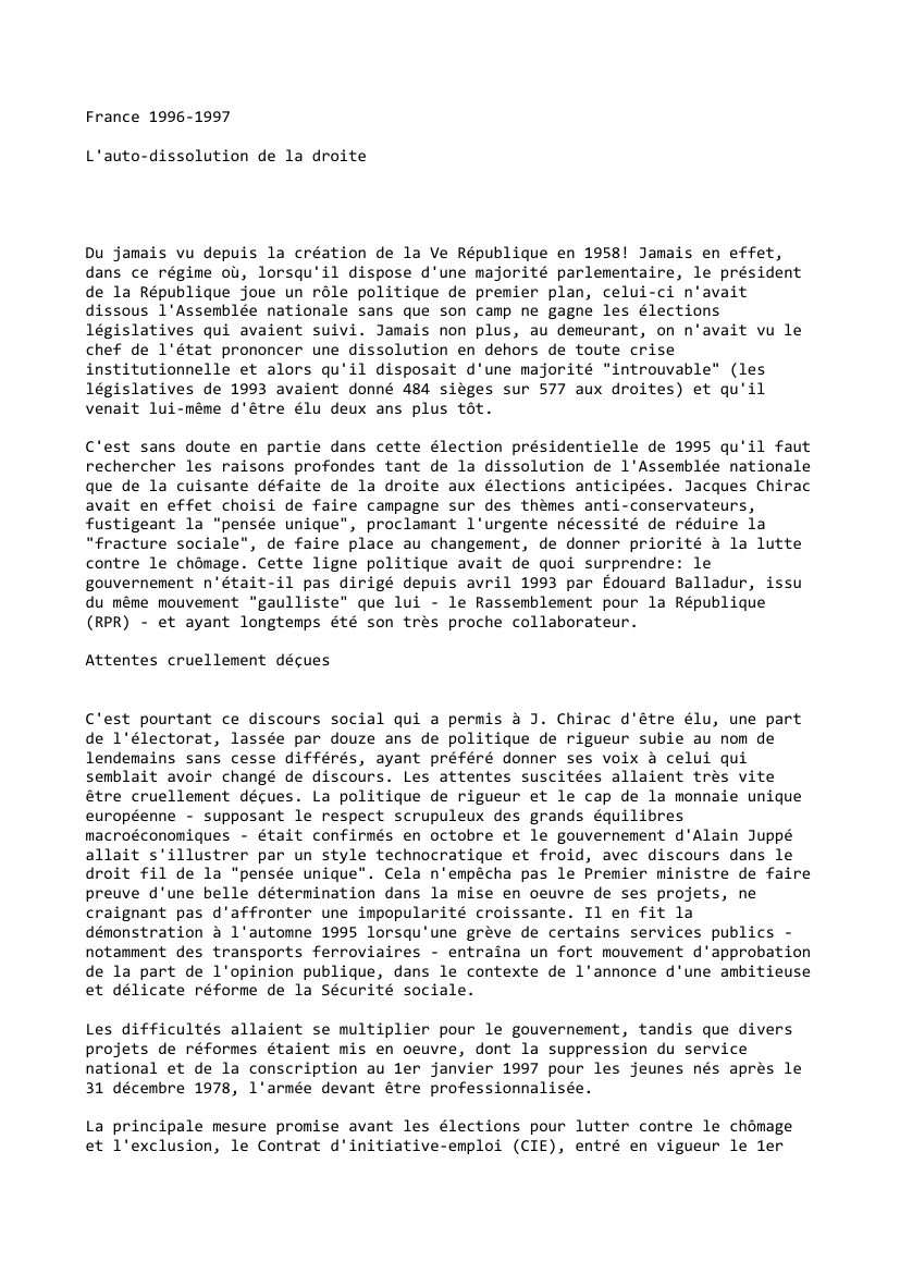 Prévisualisation du document France (1996-1997):  L'auto-dissolution de la droite