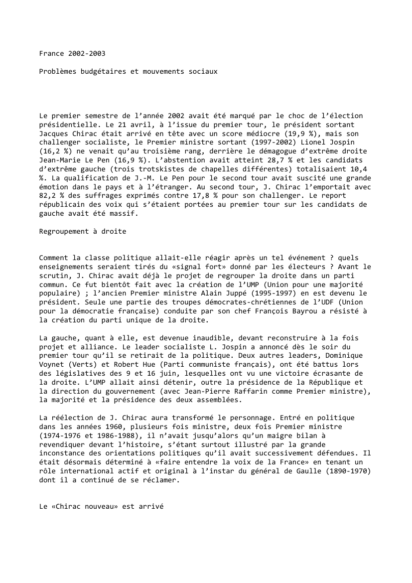Prévisualisation du document France (2002-2003): Problèmes budgétaires et mouvements sociaux