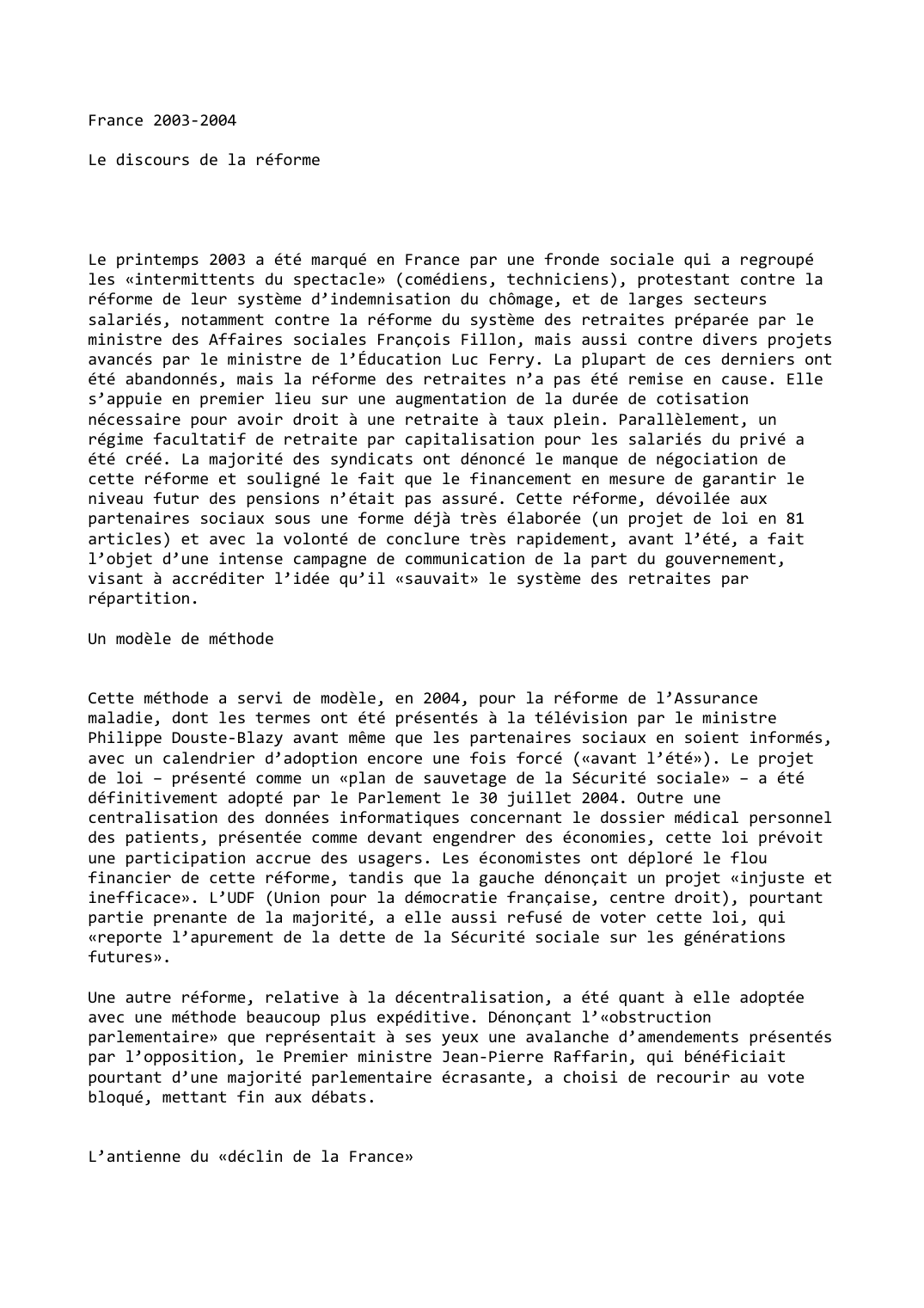 Prévisualisation du document France (2003-2004): Le discours de la réforme