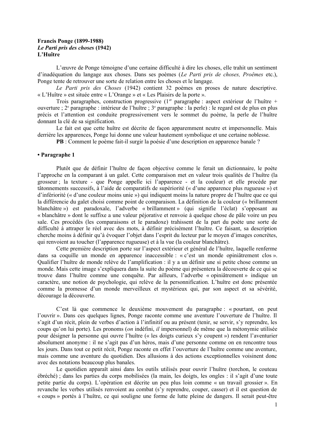 Prévisualisation du document Francis Ponge (1899-1988) Le Parti pris des choses (1942) L’Huître
