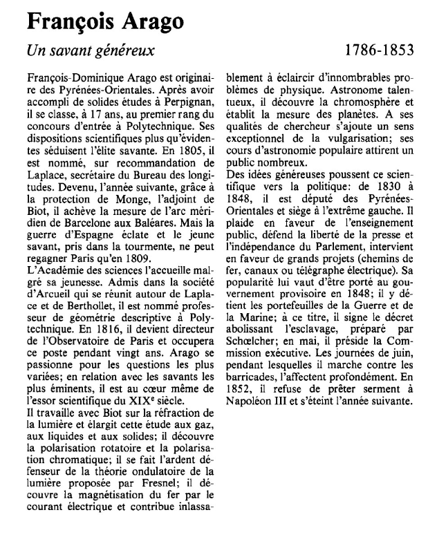 Prévisualisation du document François Arago:Un savant généreux.