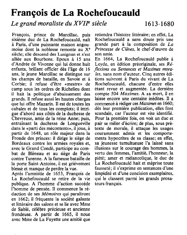 Prévisualisation du document François de La RochefoucauldLe grand moraliste du XVIIe siècle.