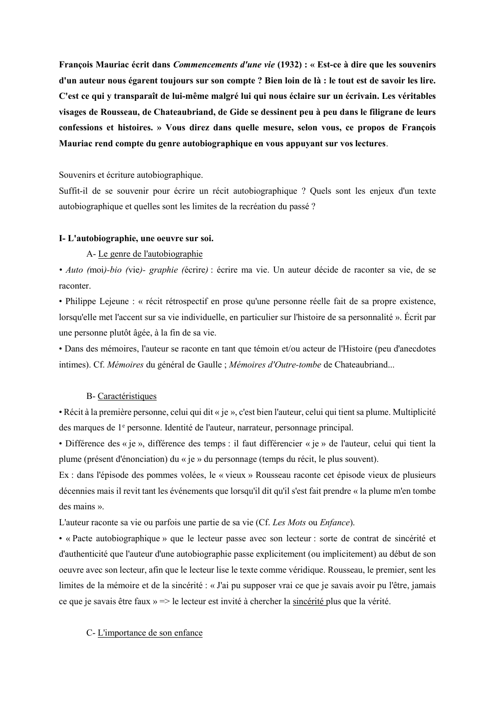 Prévisualisation du document François Mauriac écrit dans Commencements d'une vie (1932) : « Est-ce à dire que les souvenirs
d'un auteur nous égarent...