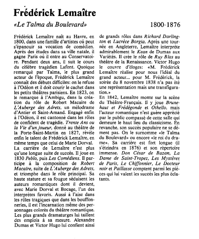 Prévisualisation du document Frédérick Lemaître:«Le Talma du Boulevard».