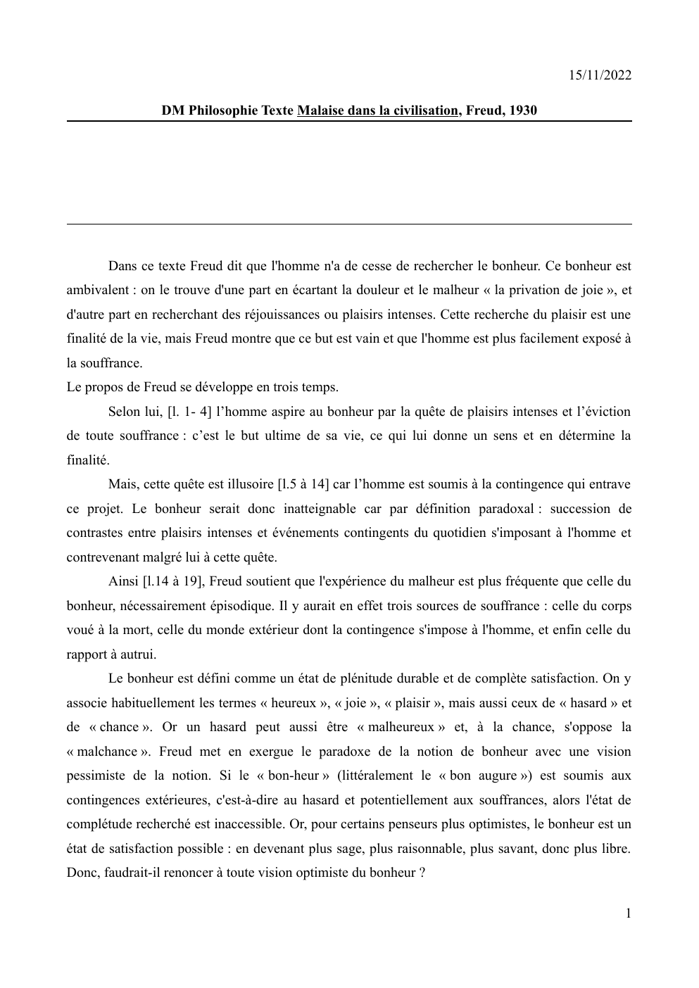 Prévisualisation du document Freud, analyse de texte: malaise dans la civilisation: le bonheur