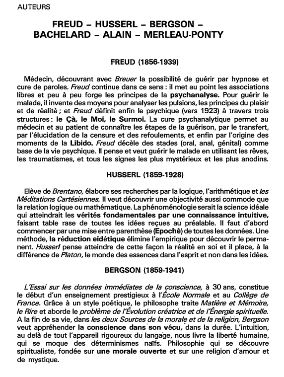 Prévisualisation du document FREUD - HUSSERL - BERGSON -BACHELARD - ALAIN - MERLEAU-PONTY (fiche bac)