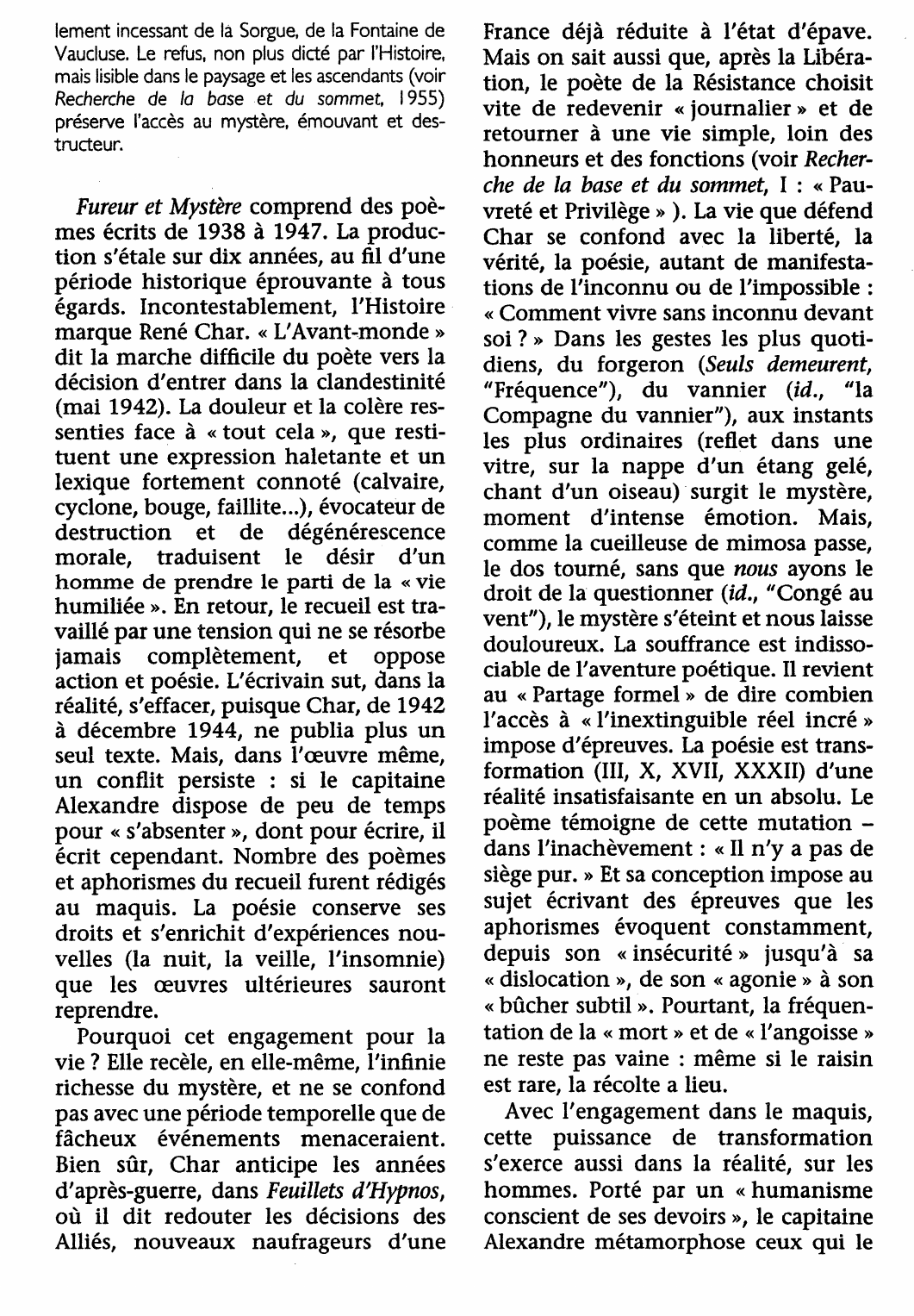 Prévisualisation du document Fureur et Mystère de René Char (analyse détaillée)