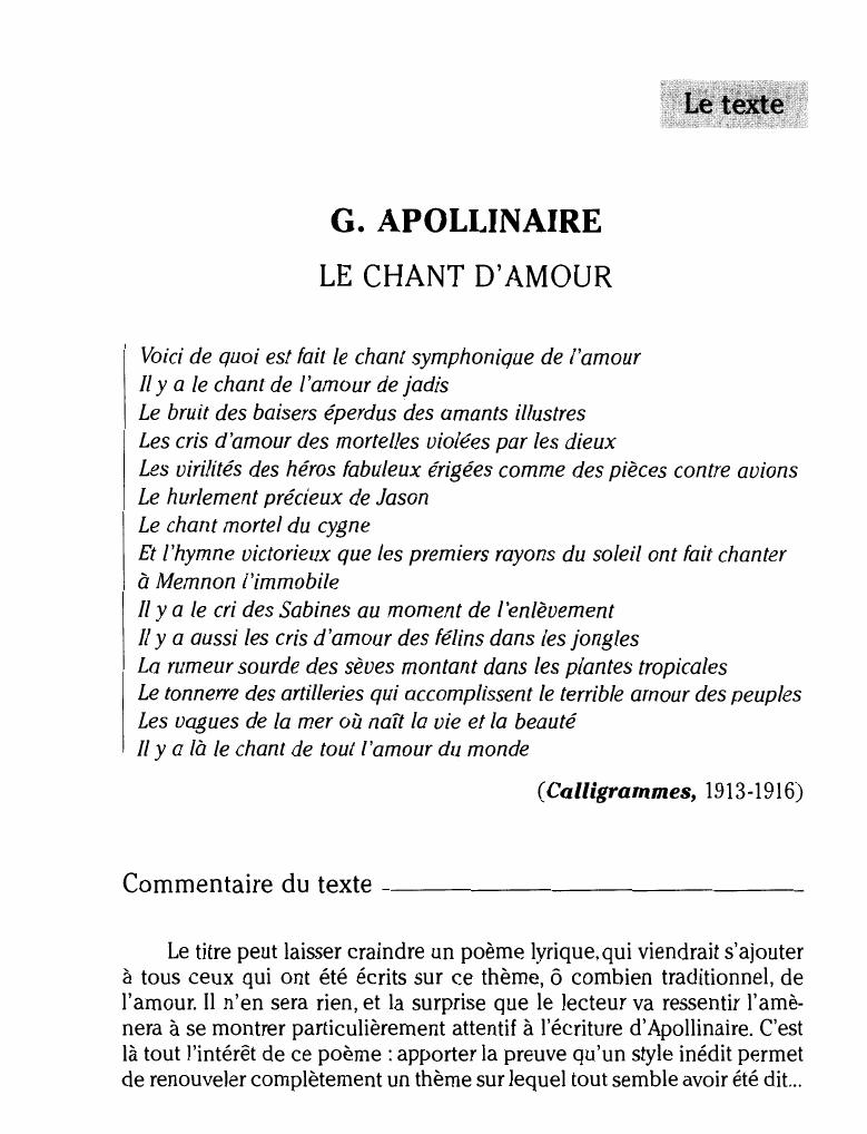 Prévisualisation du document G. APOLLINAIRE : LE CHANT D'AMOUR (commentaire)