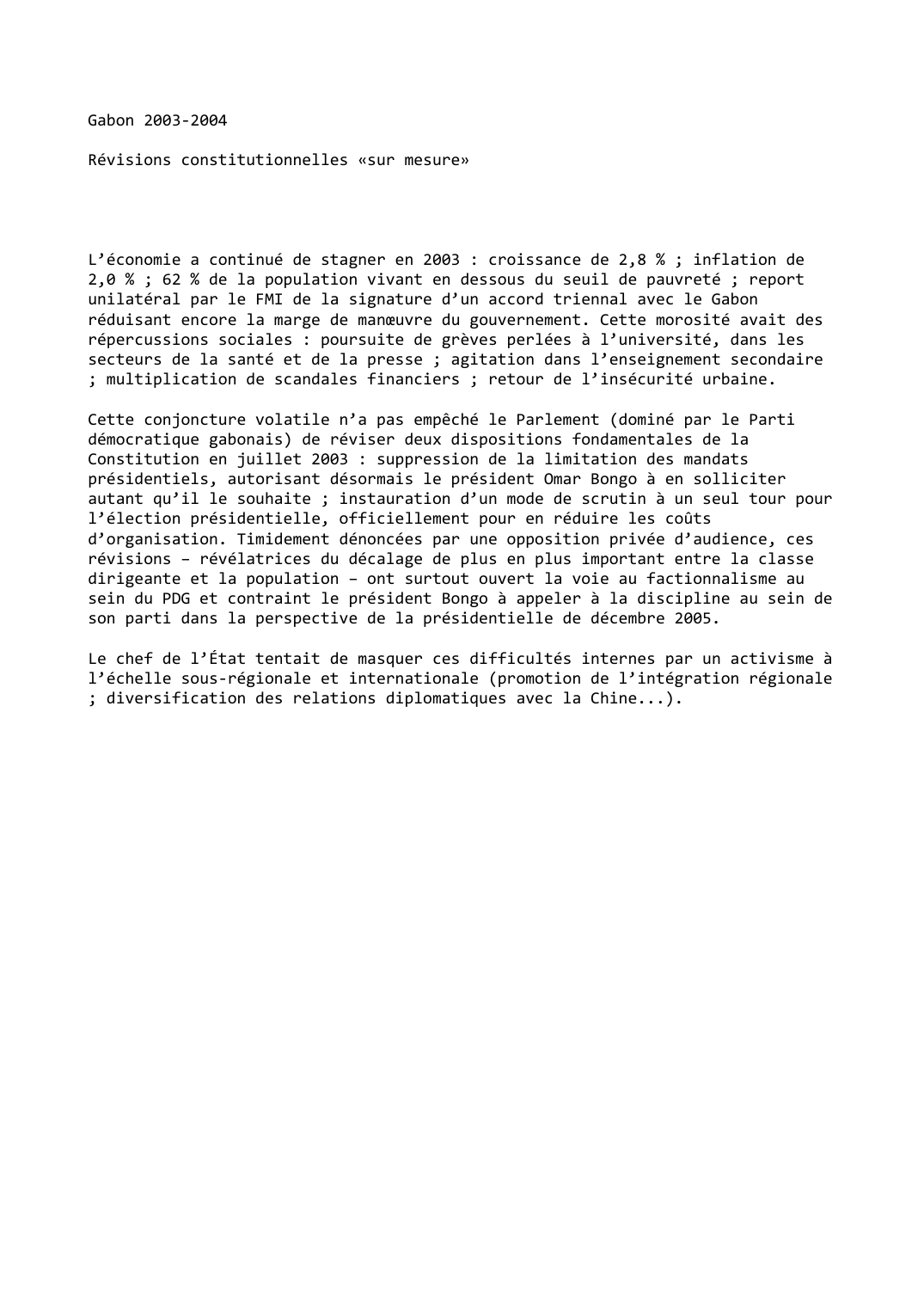 Prévisualisation du document Gabon (2003-2004): Révisions constitutionnelles «sur mesure»