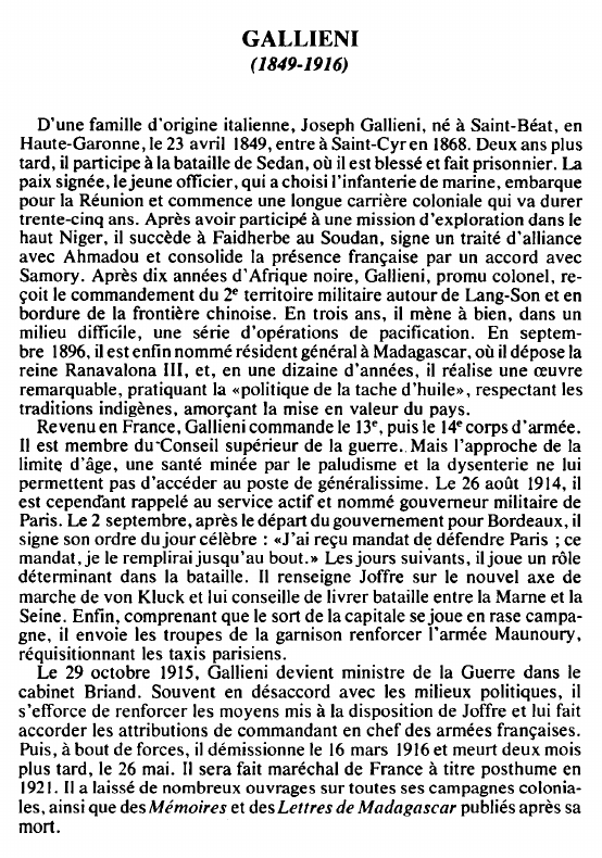 Prévisualisation du document GALLIENI(1849-1916) - BIOGRAPHIE