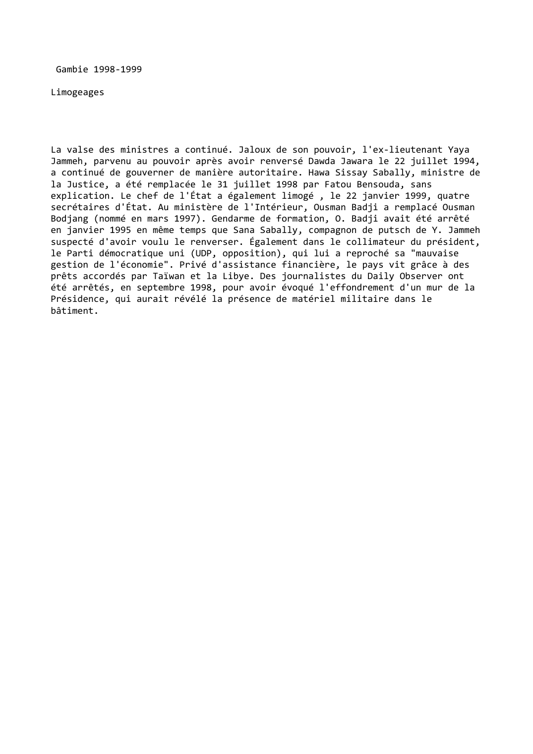 Prévisualisation du document Gambie (1998-1999): Limogeages