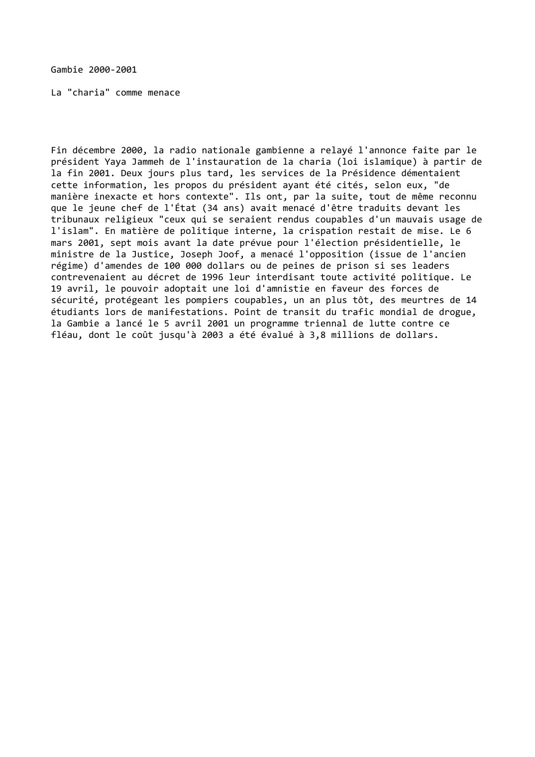 Prévisualisation du document Gambie (2000-2001): La "charia" comme menace