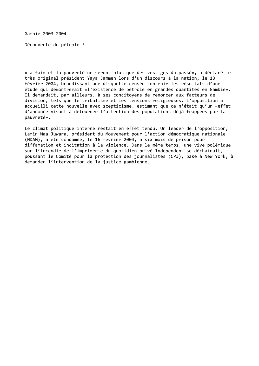 Prévisualisation du document Gambie (2003-2004): Découverte de pétrole ?