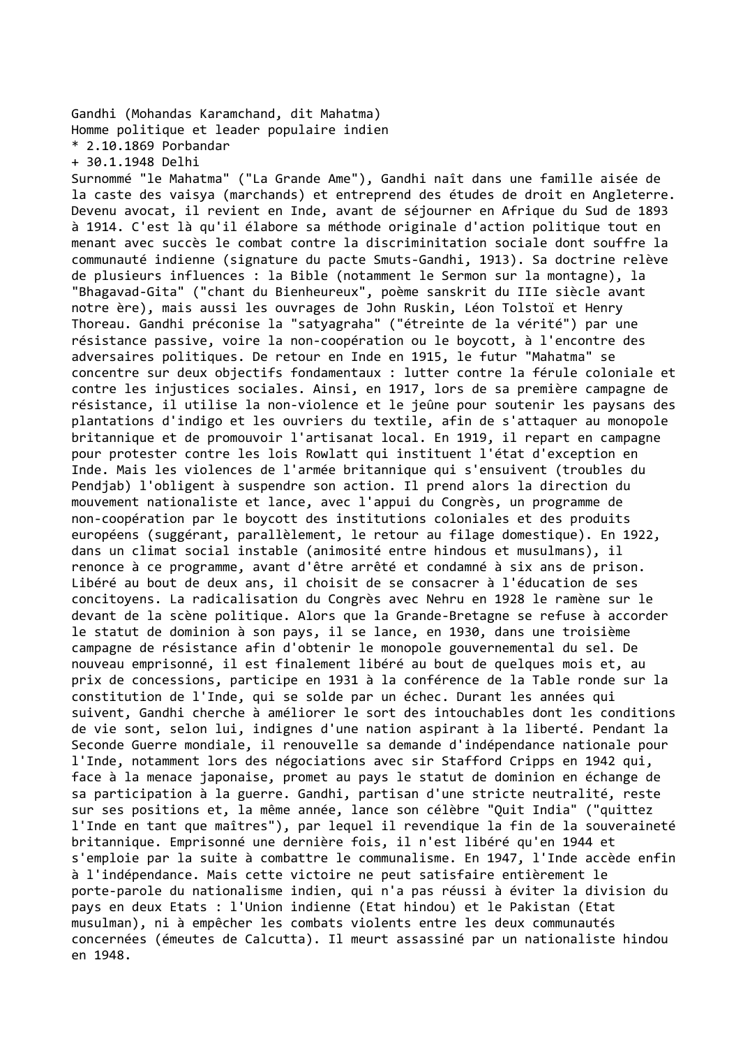Prévisualisation du document Gandhi (Mohandas Karamchand, dit Mahatma)