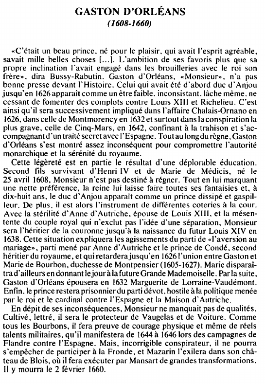 Prévisualisation du document GASTON D'ORLÉANS(1608-1660) - BIOGRAPHIE.