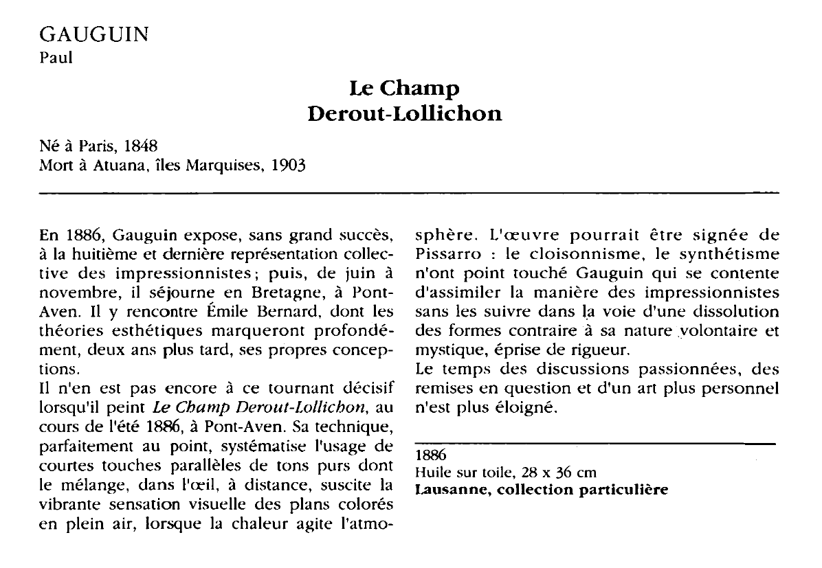 Prévisualisation du document GAUGUIN Paul : Le Champ Derout-Lollichon