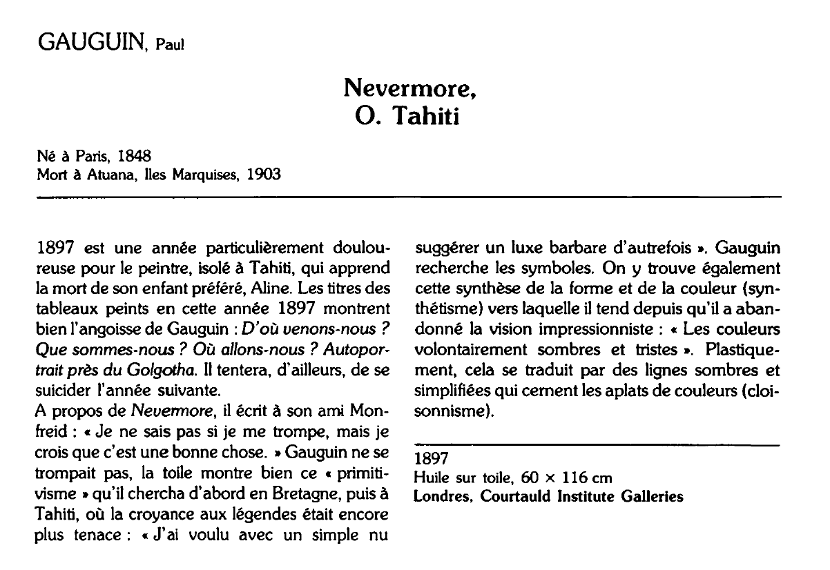 Prévisualisation du document GAUGUIN, Paul : Nevermore, O. Tahiti