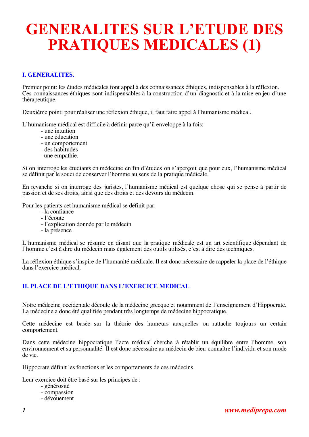 Prévisualisation du document GENERALITES SUR L'ETUDE DESPRATIQUES MEDICALES (1)I.