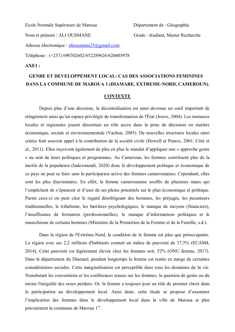 Prévisualisation du document Genre et développement local : cas des associations féminines dans la commune de Maroua 1.
