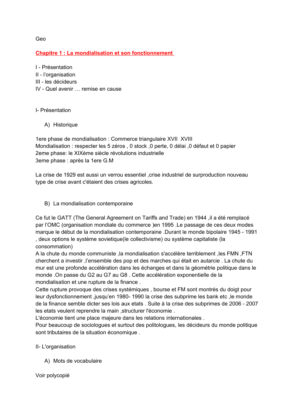 Prévisualisation du document Geo Chapitre 1 : La mondialisation et son fonctionnement