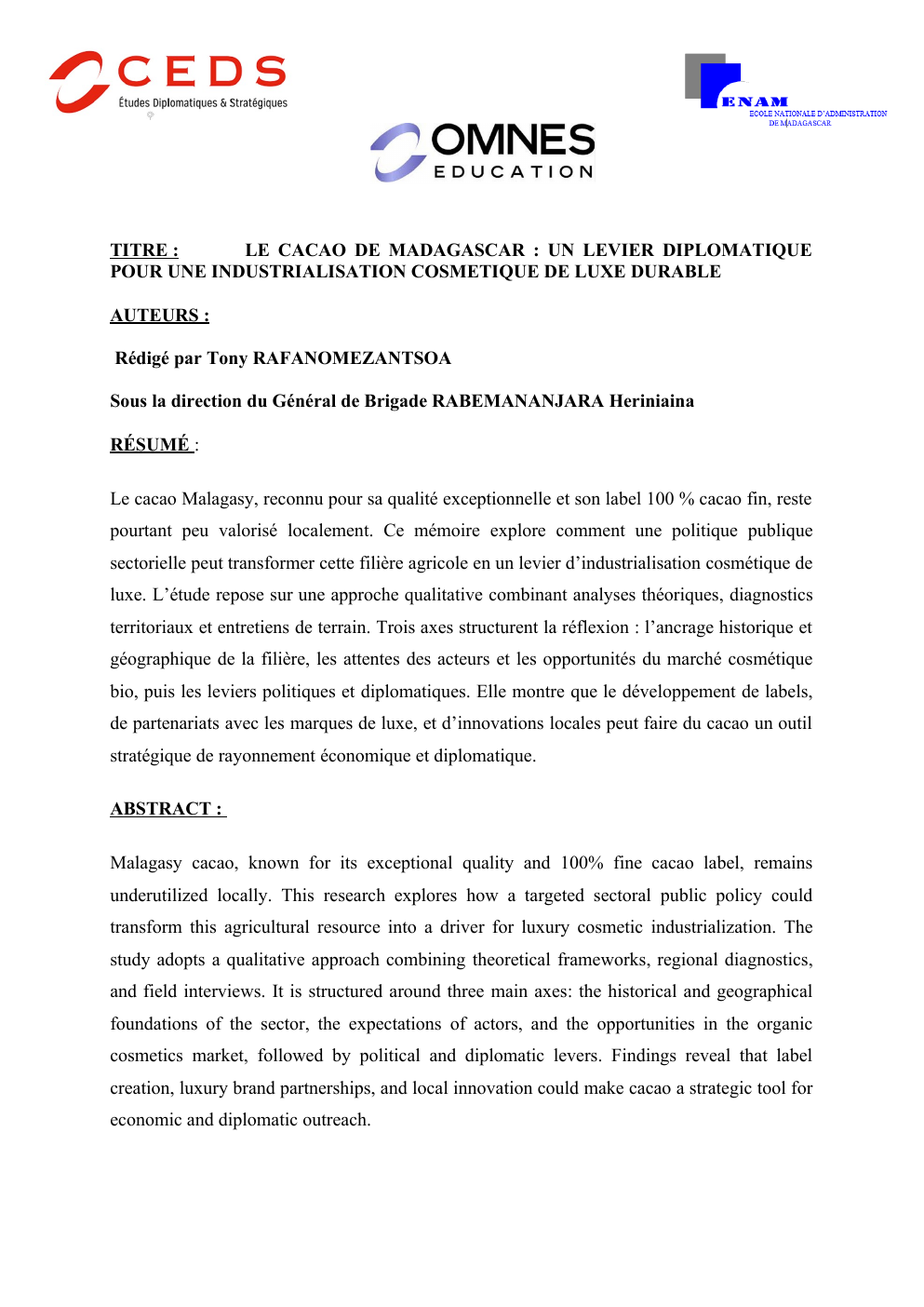 Prévisualisation du document Géopolitique : LE CACAO DE MADAGASCAR : UN LEVIER DIPLOMATIQUE