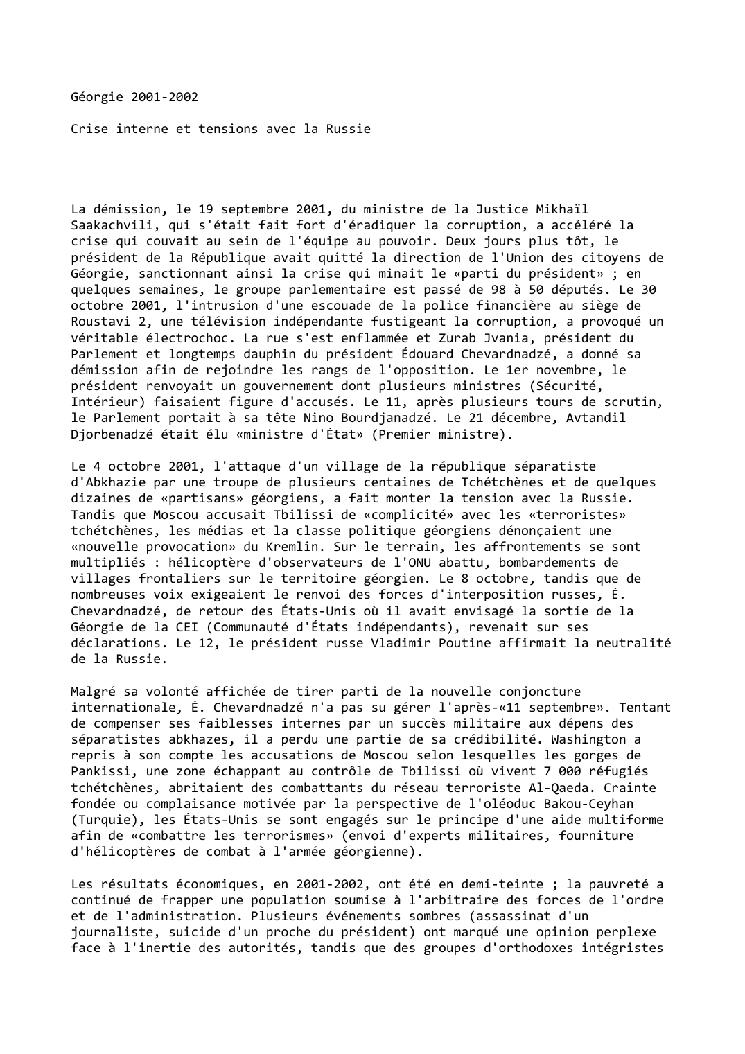 Prévisualisation du document Géorgie (2001-2002): Crise interne et tensions avec la Russie