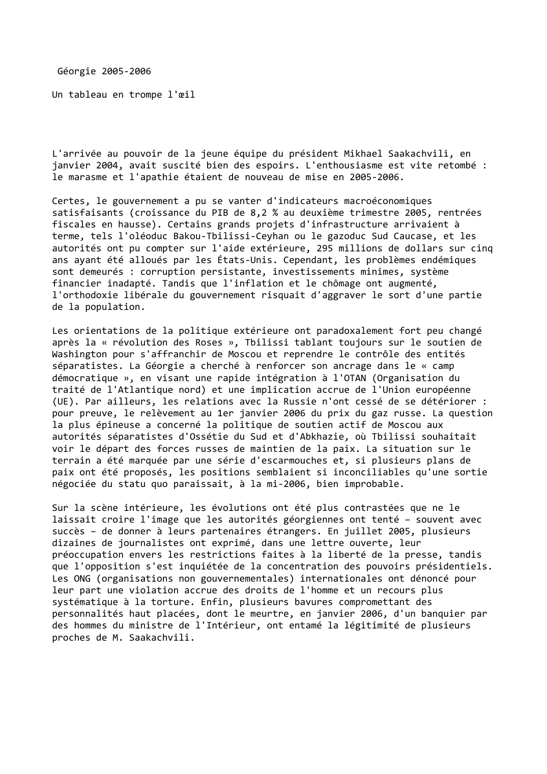 Prévisualisation du document Géorgie (2005-2006): Un tableau en trompe l'oeil