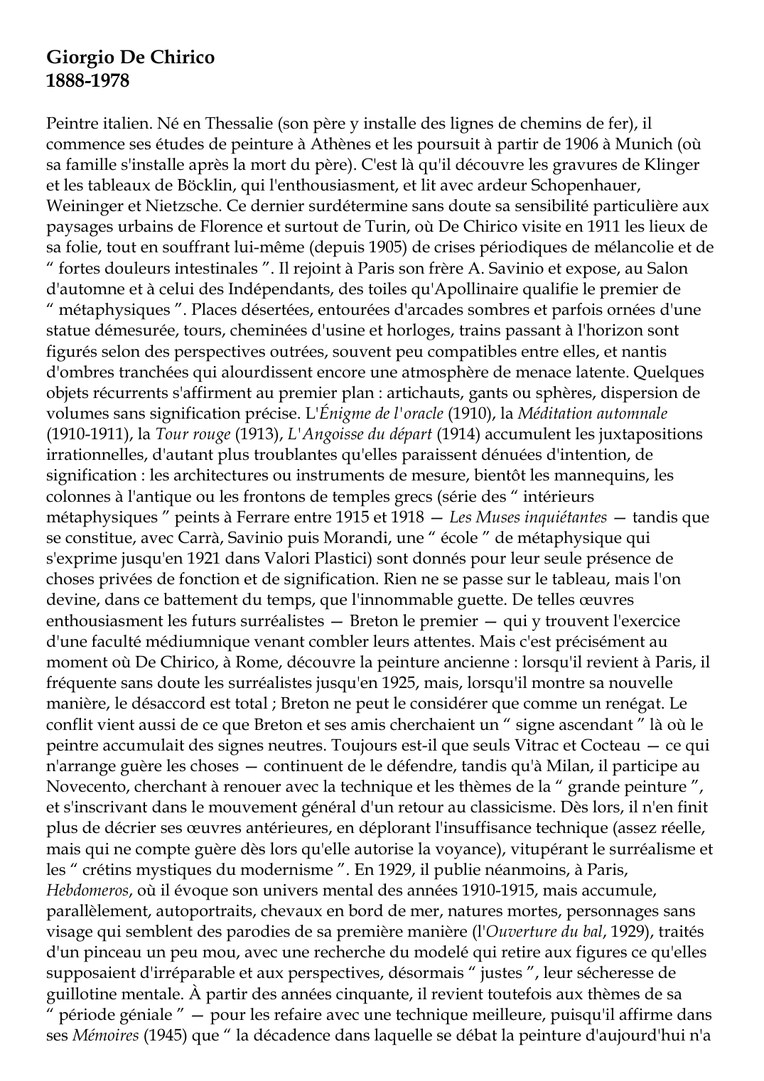 Prévisualisation du document Giorgio De Chirico1888-1978Peintre italien.